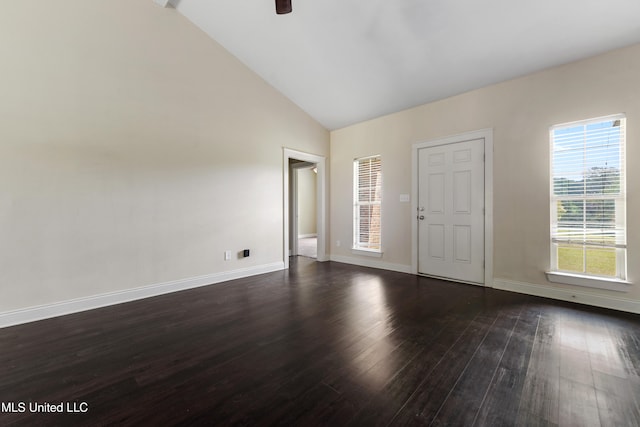 interior space with ceiling fan, high vaulted ceiling, and dark hardwood / wood-style flooring