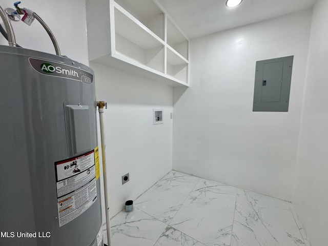 716 New Orleans St, Hattiesburg, MS 39401 - laundry room with water heater, electric panel, electric dryer hookup, marble look tiles, and hookup for a washing machine
