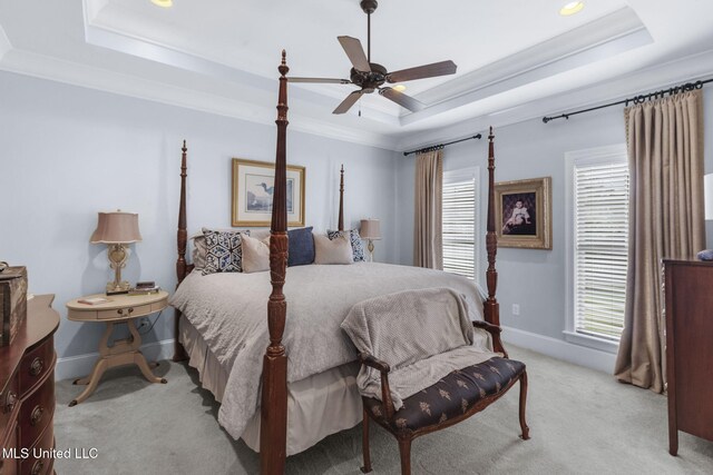 308 W Park St, Canton, MS 39046 - bedroom featuring a raised ceiling, light carpet, multiple windows, crown molding, and recessed lighting