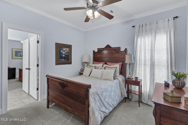 308 W Park St, Canton, MS 39046 - bedroom with crown molding, light carpet, and ceiling fan