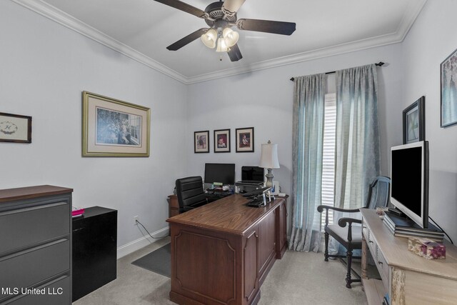 308 W Park St, Canton, MS 39046 - office area featuring ceiling fan, light colored carpet, ornamental molding, and baseboards