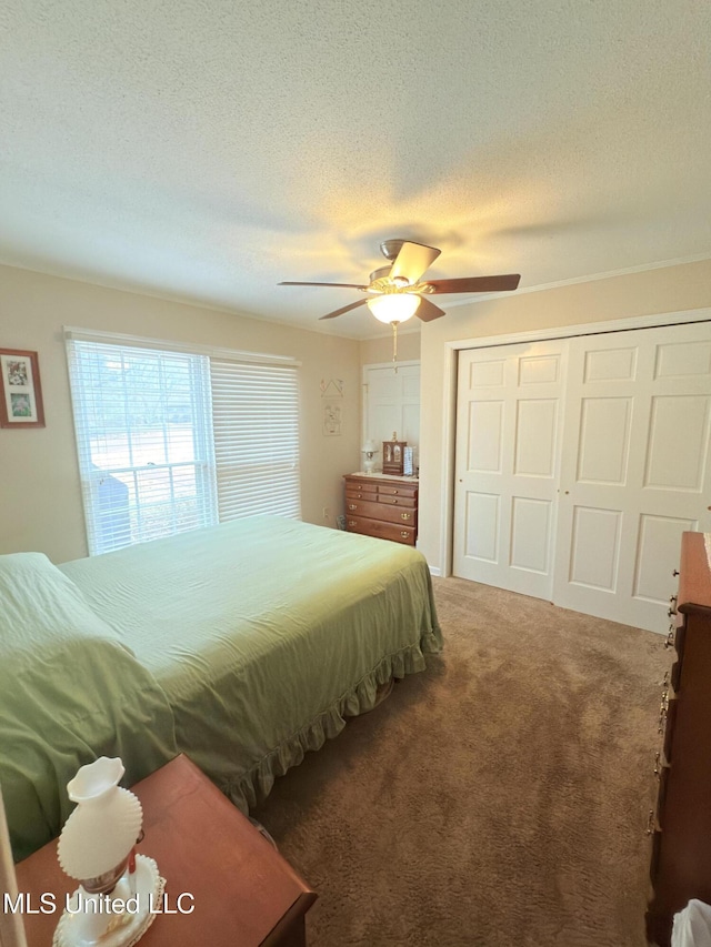 588 Robin Rd, Grenada, MS 38901 - bedroom with ceiling fan, a closet, a textured ceiling, and carpet flooring