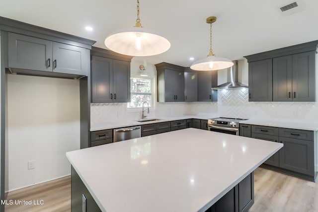 kitchen featuring visible vents, a sink, light wood-style floors, appliances with stainless steel finishes, and wall chimney range hood