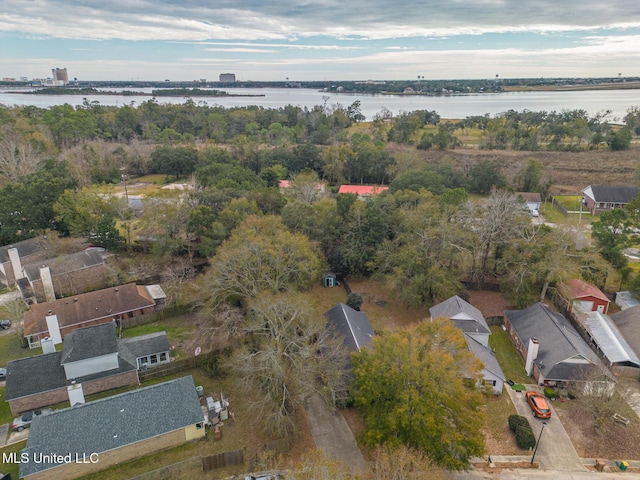 drone / aerial view featuring a water view