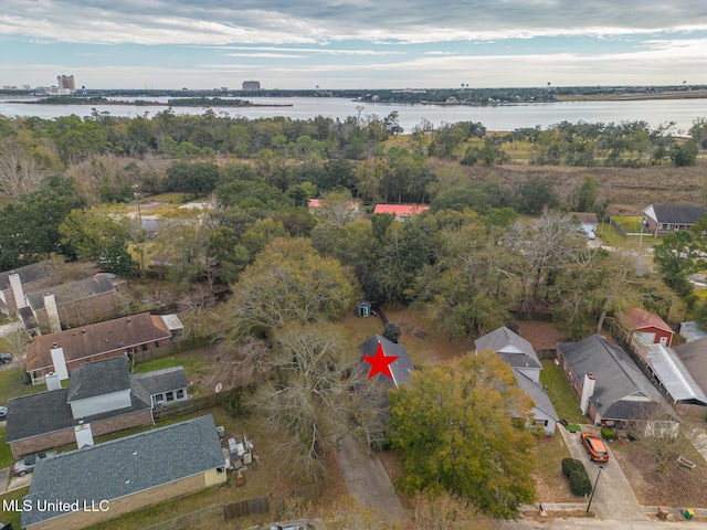 aerial view featuring a water view