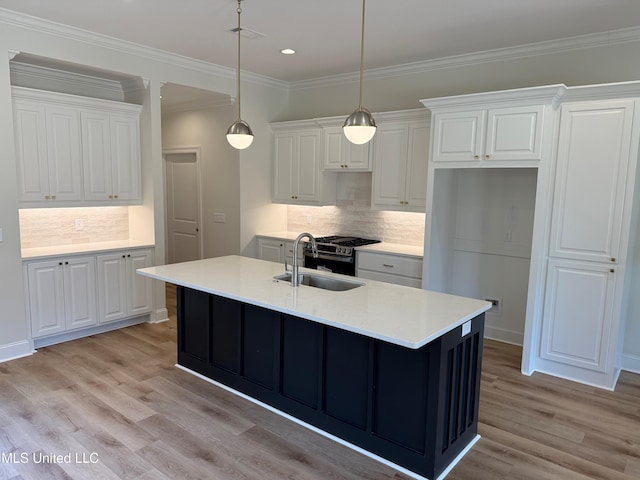 409 Butternut Dr, Canton, MS 39046 - kitchen featuring a sink, light wood finished floors, white cabinets, backsplash, and crown molding
