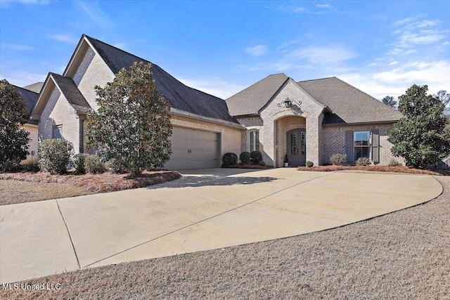 french country inspired facade with brick siding, an attached garage, driveway, and roof with shingles