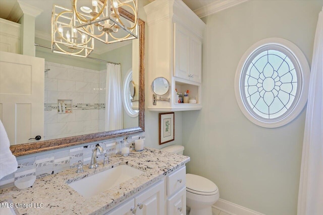 bathroom featuring a shower with curtain, toilet, ornamental molding, tasteful backsplash, and vanity