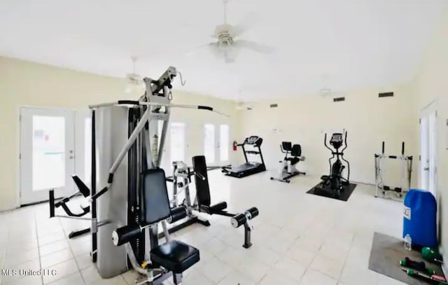 workout area featuring ceiling fan and plenty of natural light