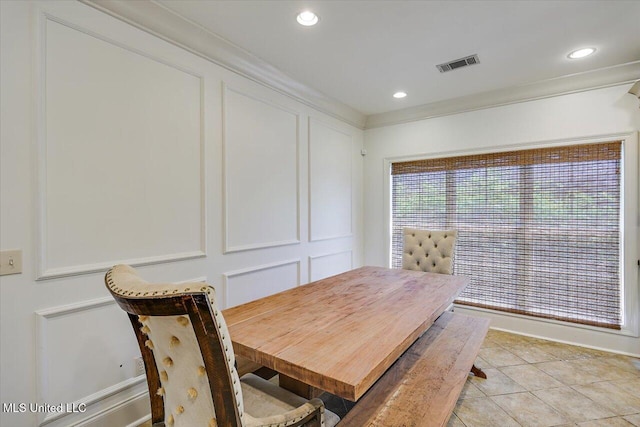 dining room featuring a decorative wall, recessed lighting, light tile patterned flooring, and visible vents