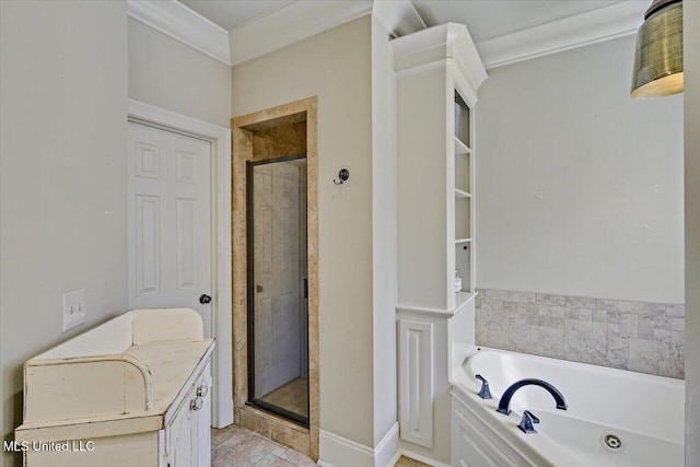 bathroom featuring a stall shower and a bath
