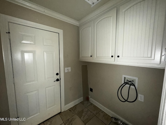 clothes washing area featuring washer hookup, ornamental molding, cabinets, and hookup for an electric dryer