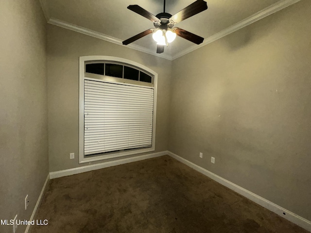 carpeted empty room featuring crown molding and ceiling fan