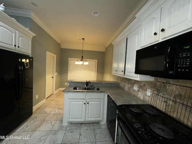 kitchen with white cabinetry, ornamental molding, sink, and black appliances