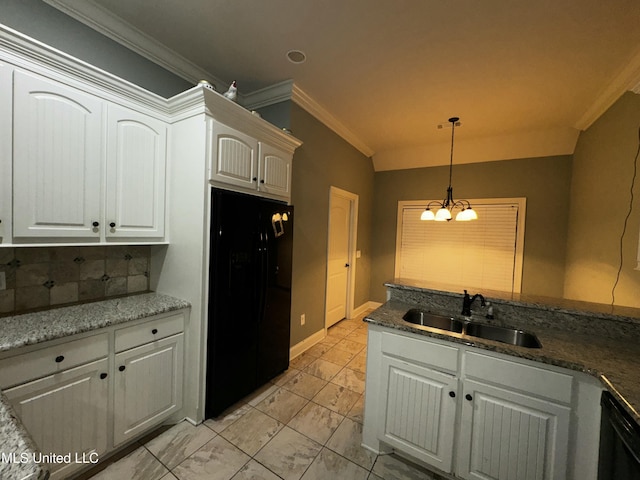 kitchen with sink, white cabinetry, crown molding, pendant lighting, and black appliances