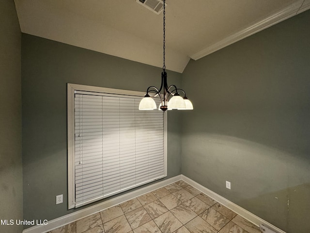 unfurnished dining area with lofted ceiling and a notable chandelier