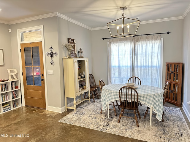 dining area with ornamental molding and a notable chandelier