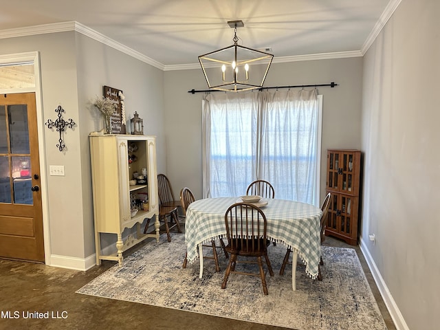 dining space featuring a notable chandelier and crown molding