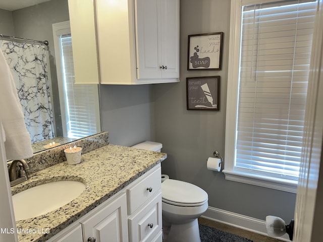 bathroom featuring curtained shower, vanity, and toilet