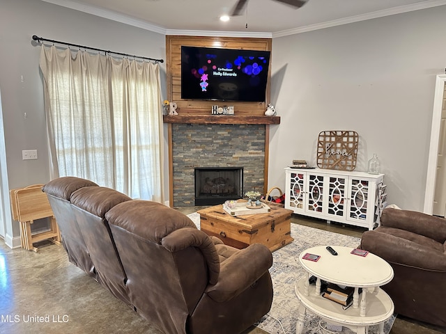 living room featuring ceiling fan, a fireplace, concrete flooring, and ornamental molding