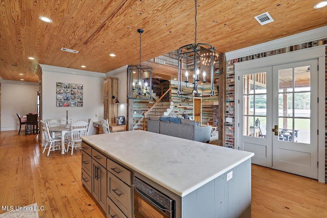 849 Athens Rd, Mendenhall, MS 39114 - kitchen featuring french doors, a chandelier, ornamental molding, wood ceiling, and recessed lighting