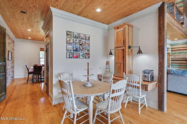 849 Athens Rd, Mendenhall, MS 39114 - dining space featuring ornamental molding, wood ceiling, light wood finished floors, and recessed lighting