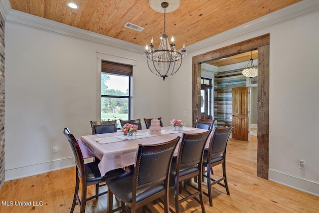 849 Athens Rd, Mendenhall, MS 39114 - dining space with wood ceiling, a chandelier, light wood-type flooring, ornamental molding, and recessed lighting