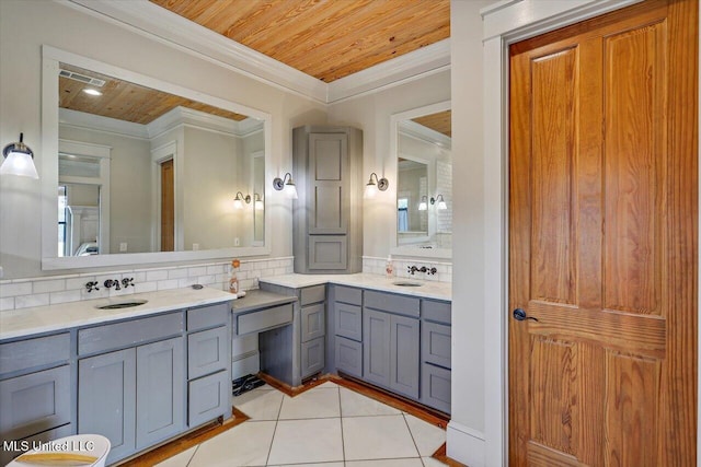 849 Athens Rd, Mendenhall, MS 39114 - full bath with wood ceiling, ornamental molding, double vanity, tile patterned floors, and decorative backsplash