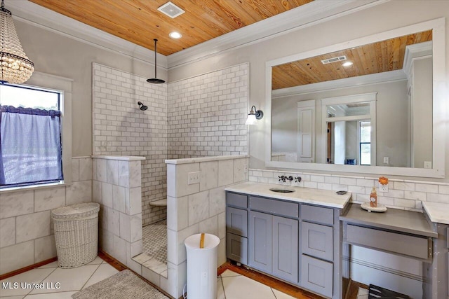 849 Athens Rd, Mendenhall, MS 39114 - bathroom with wooden ceiling, plenty of natural light, crown molding, tile patterned floors, and a walk in shower