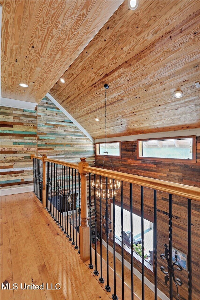 849 Athens Rd, Mendenhall, MS 39114 - corridor with wooden ceiling, wood walls, vaulted ceiling, hardwood / wood-style flooring, and recessed lighting