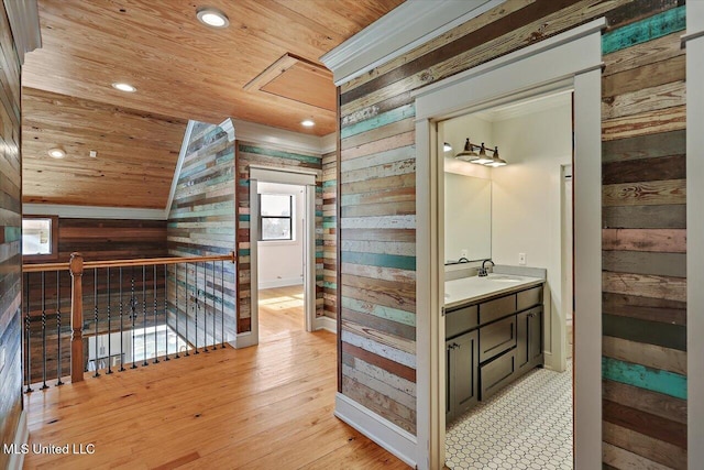 849 Athens Rd, Mendenhall, MS 39114 - bathroom featuring wooden ceiling, wooden walls, vanity, recessed lighting, and wood finished floors