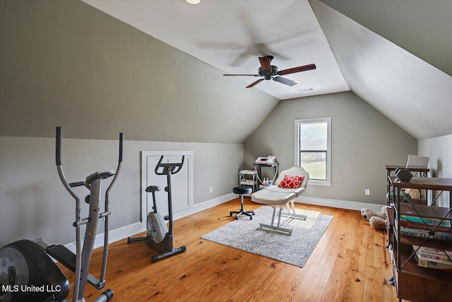 849 Athens Rd, Mendenhall, MS 39114 - workout room with hardwood / wood-style floors, a ceiling fan, and vaulted ceiling