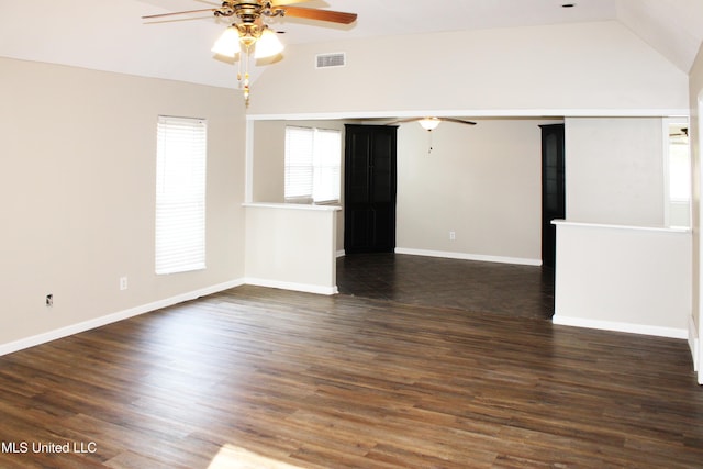 7671 Brookwood Pl, Southaven, MS 38671 - unfurnished room with a ceiling fan, vaulted ceiling, and dark wood-type flooring