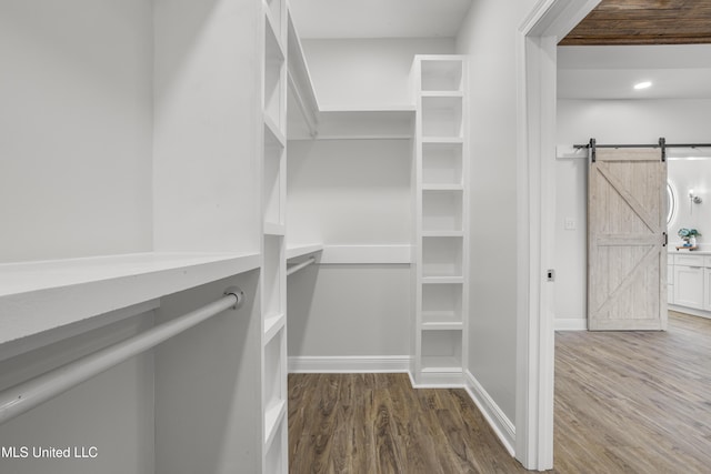 walk in closet featuring a barn door and hardwood / wood-style floors