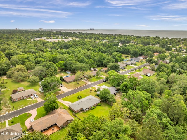 drone / aerial view with a wooded view, a water view, and a residential view
