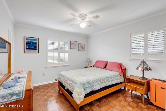 bedroom with ceiling fan, ornamental molding, baseboards, and multiple windows