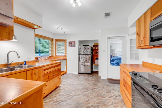 kitchen with appliances with stainless steel finishes, visible vents, butcher block countertops, and a sink
