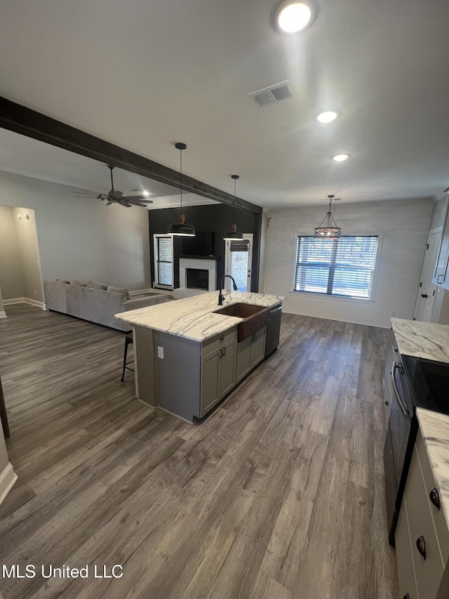 11368 Cedar Point Cv, Hernando, MS 38632 - kitchen with open floor plan, a sink, dark wood-type flooring, light stone countertops, and recessed lighting