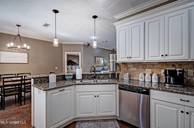 862 Willow Grande Cir, Brandon, MS 39047 - kitchen featuring dishwasher, a peninsula, a sink, ornamental molding, and white cabinets