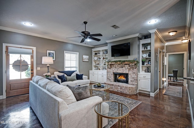 862 Willow Grande Cir, Brandon, MS 39047 - living area featuring ornamental molding, a brick fireplace, ceiling fan, recessed lighting, and baseboards