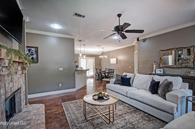 862 Willow Grande Cir, Brandon, MS 39047 - living area with a ceiling fan, a brick fireplace, a chandelier, baseboards, and ornamental molding