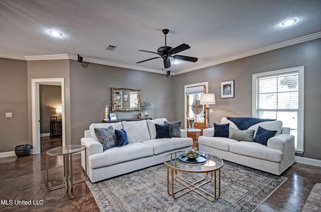 862 Willow Grande Cir, Brandon, MS 39047 - living room with a ceiling fan, baseboards, ornamental molding, concrete flooring, and recessed lighting
