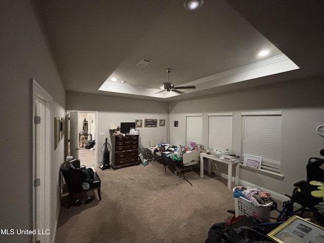 10645 Chapelwood Dr, Gulfport, MS 39503 - interior space featuring visible vents, a ceiling fan, recessed lighting, carpet floors, and a raised ceiling