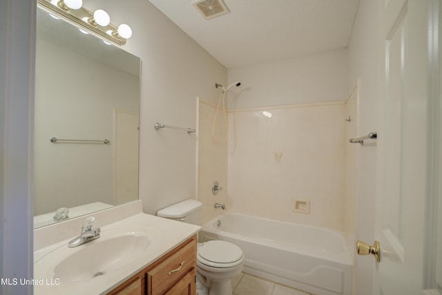 full bathroom featuring shower / tub combination, vanity, toilet, tile patterned floors, and a textured ceiling