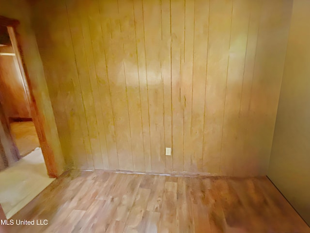 empty room featuring wooden walls and light wood finished floors