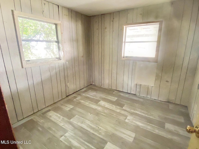 spare room featuring wood walls and light wood-style floors