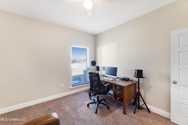 office space featuring ceiling fan, carpet, and baseboards