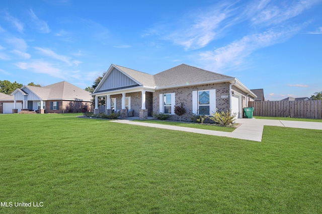 view of front of property with brick siding, concrete driveway, board and batten siding, a front yard, and a garage