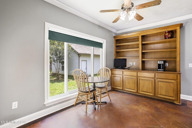 114 Sandstone Dr, Brandon, MS 39047 - office area with healthy amount of natural light, a ceiling fan, baseboards, crown molding, and dark tile patterned floors