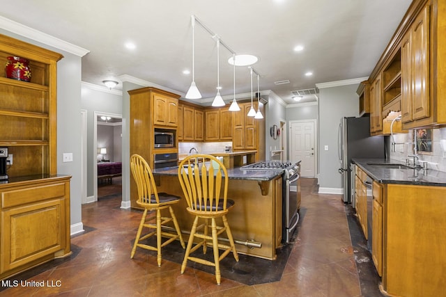 114 Sandstone Dr, Brandon, MS 39047 - kitchen with open shelves, stainless steel appliances, a kitchen island, ornamental molding, and backsplash